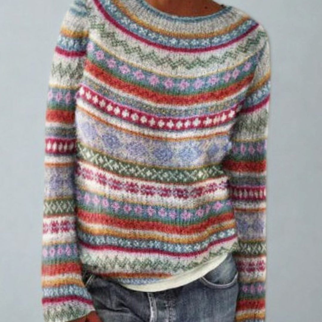 Dames Retro Fair Isle Gebreide Trui met Ronde Hals - Veelkleurig