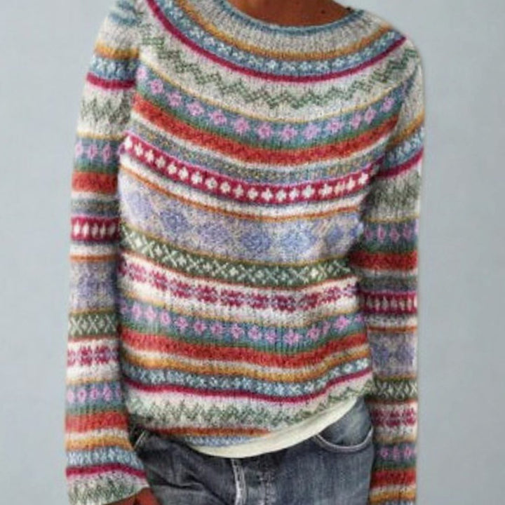 Dames Retro Fair Isle Gebreide Trui met Ronde Hals - Veelkleurig
