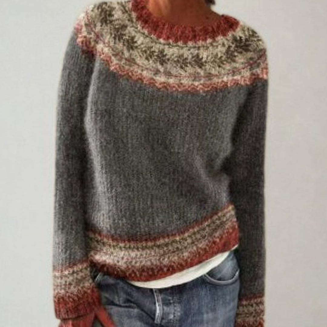 Dames Retro Fair Isle Gebreide Trui met Ronde Hals - Grijs