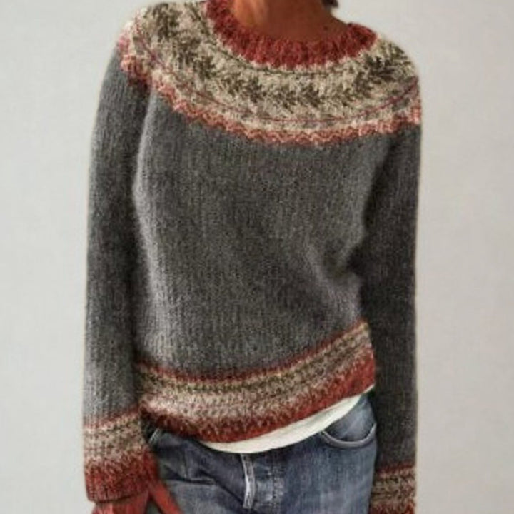 Dames Retro Fair Isle Gebreide Trui met Ronde Hals - Grijs