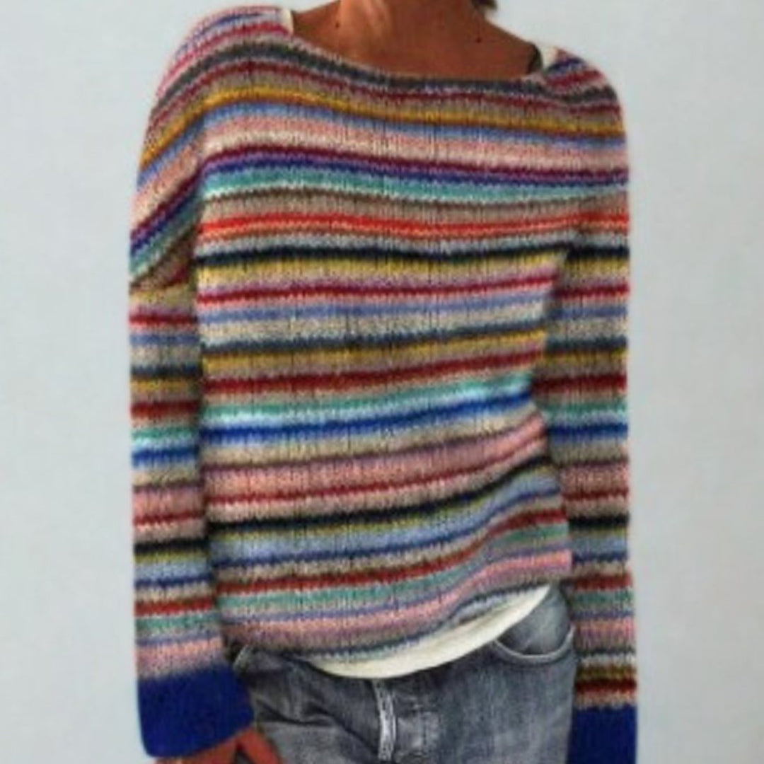 Dames Retro Fair Isle Gebreide Trui met Ronde Hals - Regenboog