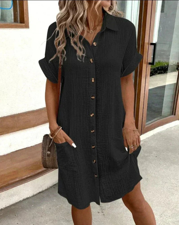 Dames Retro Katoenen Linnen Overhemd Jurk Relaxed Fit Knopen - Black