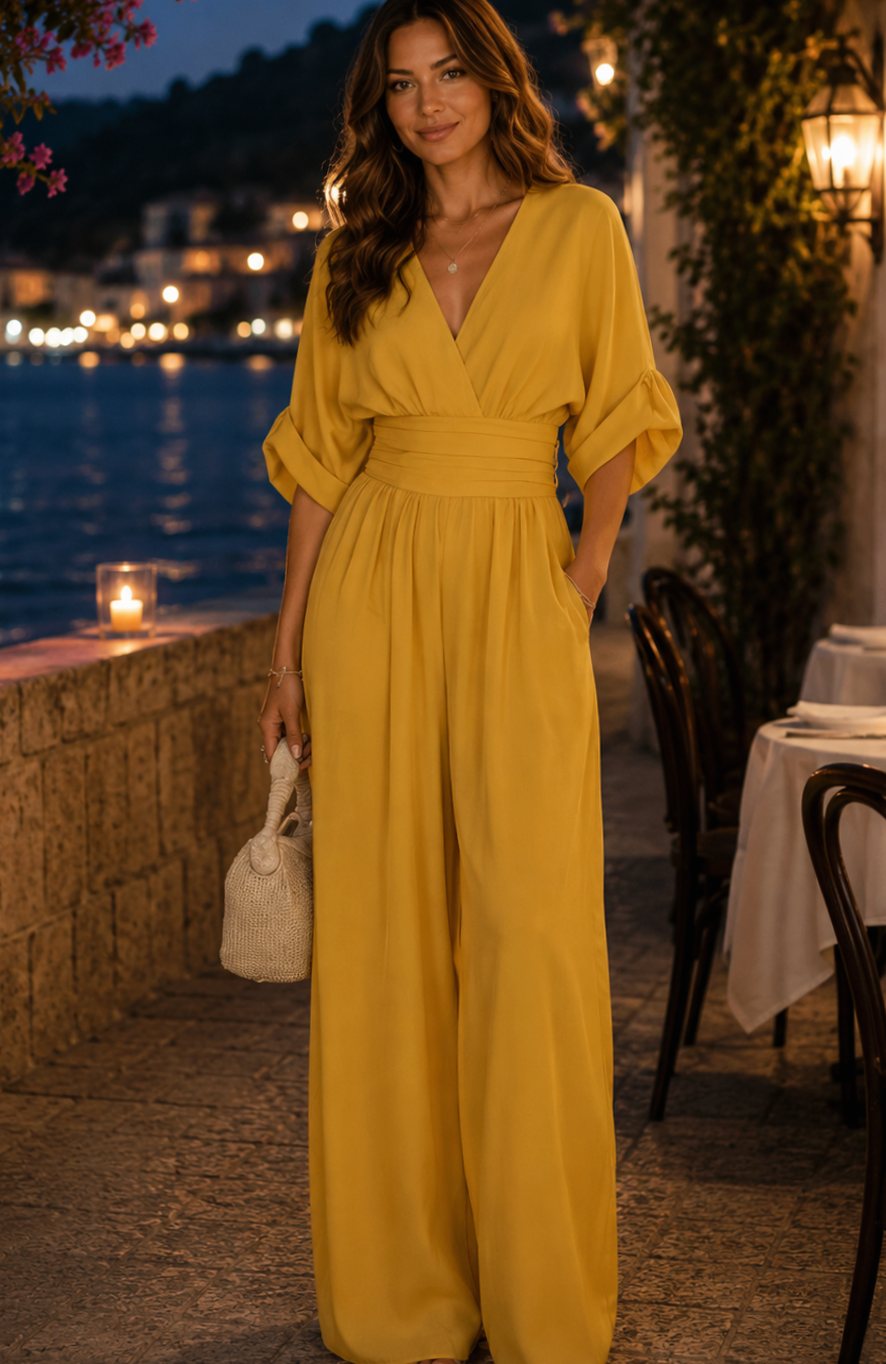 Dames Retro Wide-Leg V-Hals Jumpsuit met Brede Tailleband - Geel