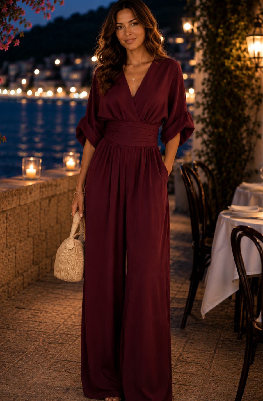 Dames Retro Wide-Leg V-Hals Jumpsuit met Brede Tailleband - Wijnrood