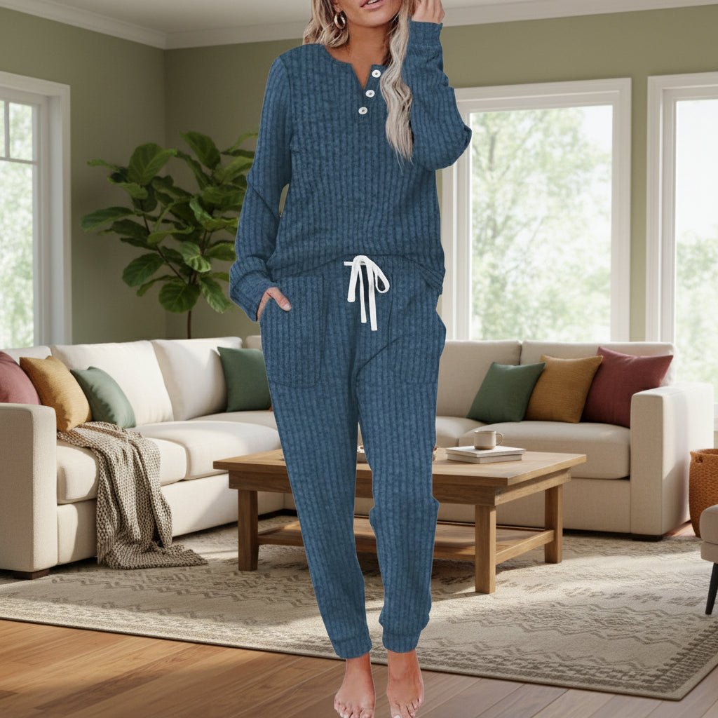 Dames Ribgebreide Loungewear Tweedelige Set Knoopsluiting Trekkoord - Navy Blue
