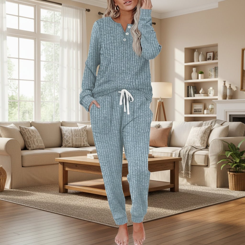 Dames Ribgebreide Loungewear Tweedelige Set Knoopsluiting Trekkoord - Sea Blue