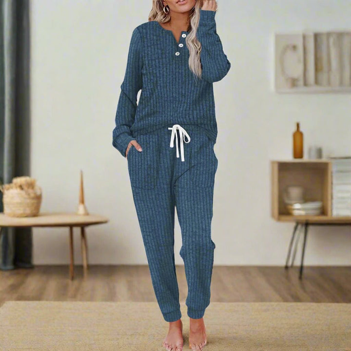 Dames Ribgebreide Loungewear Tweedelige Set Knoopsluiting Trekkoord
