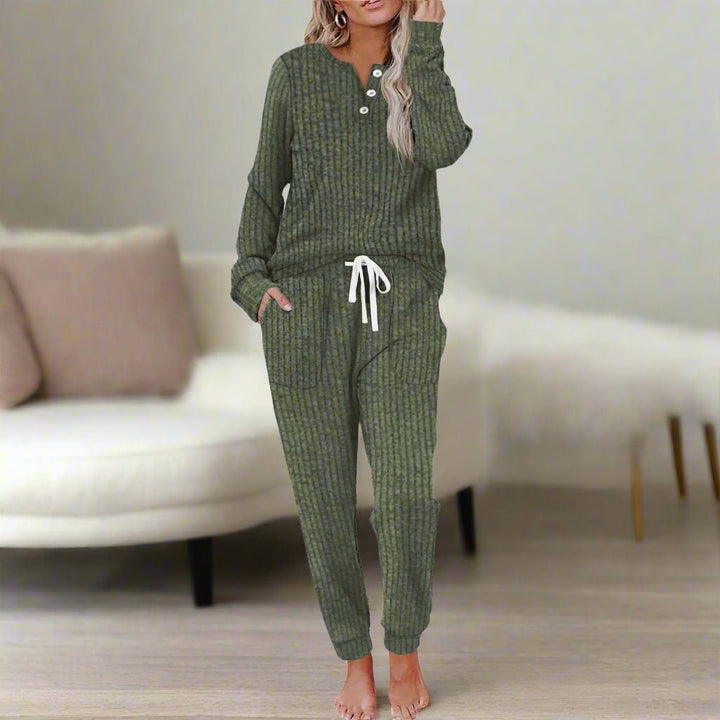 Dames Ribgebreide Loungewear Tweedelige Set Knoopsluiting Trekkoord - Leaf Green