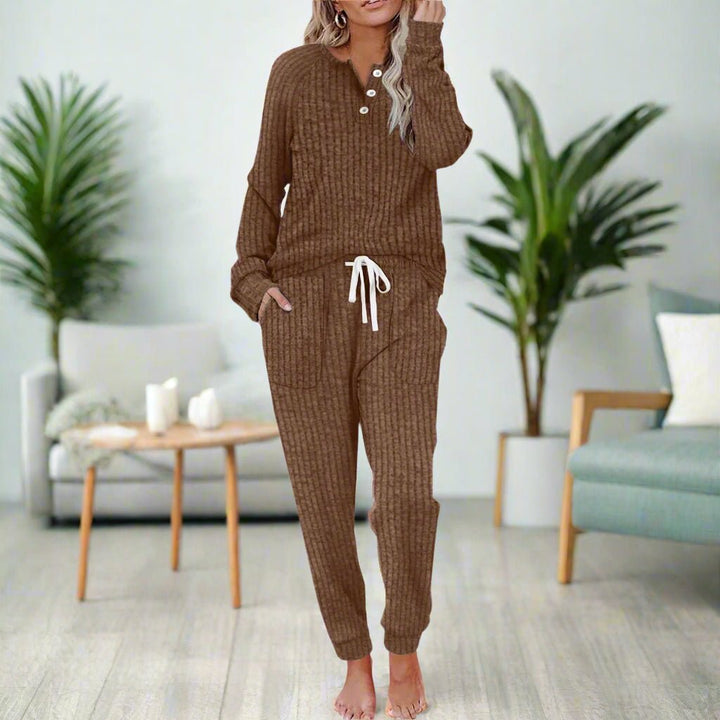 Dames Ribgebreide Loungewear Tweedelige Set Knoopsluiting Trekkoord