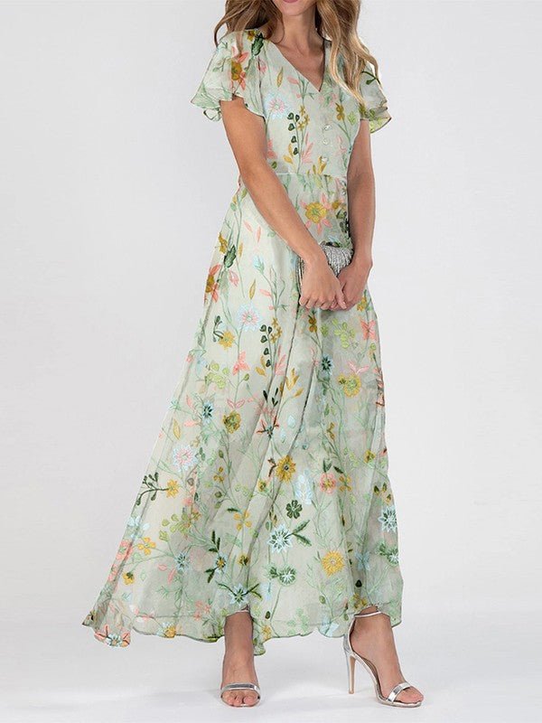 Dames Romantische Bloemen V-Hals Maxi Jurk - Groen