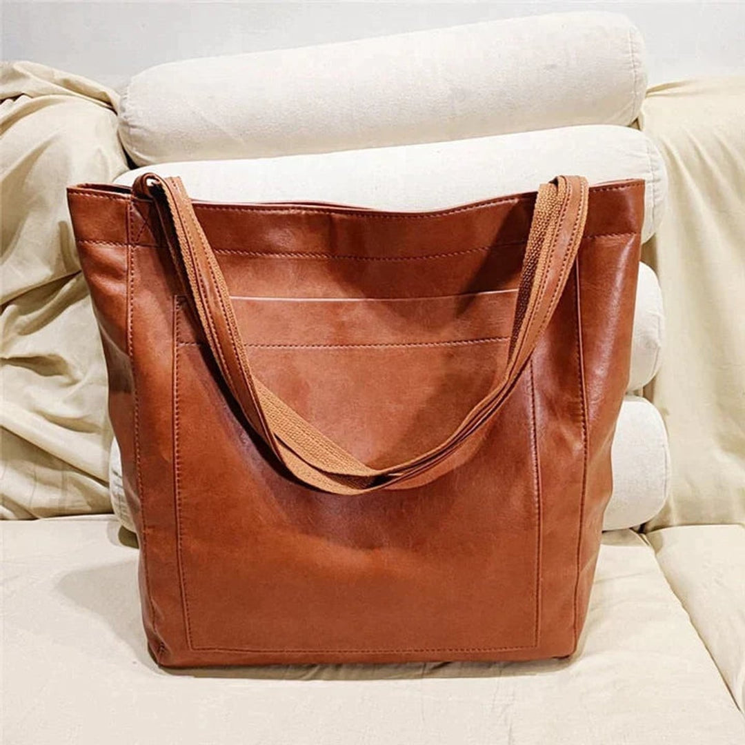 Dames Ruime Leren Tote Bag Klassiek Cognac