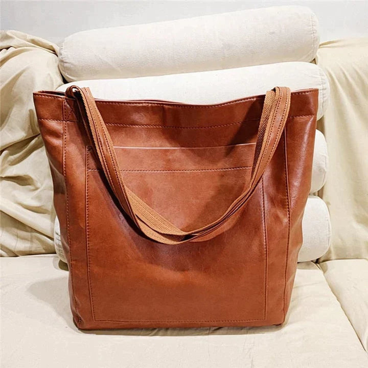 Dames Ruime Leren Tote Bag Klassiek Cognac