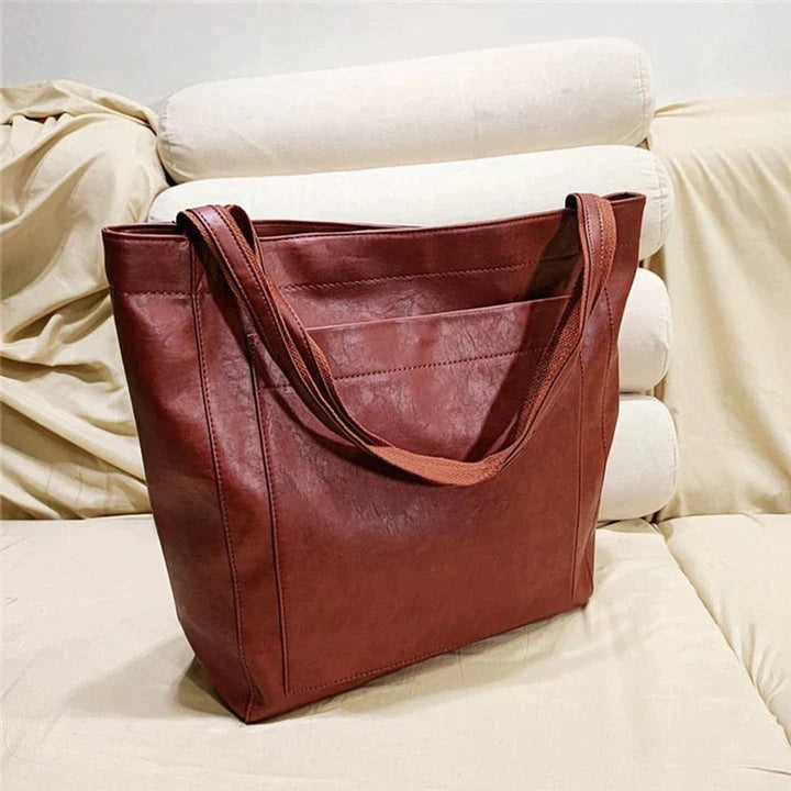 Dames Ruime Leren Tote Bag Klassiek Cognac - Rot
