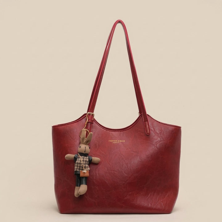 Dames Ruime Zachte Veganistisch Leren Tote Bag met Pluche Hangertje - Red
