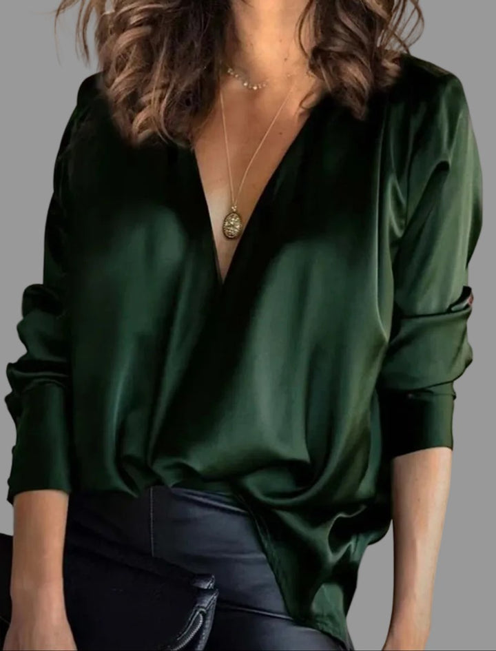 Dames Satijnen Diep V-hals Lange Mouwen Blouse - Green