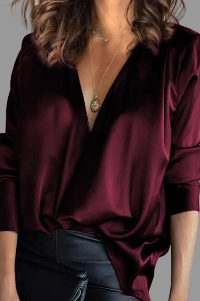 Dames Satijnen Diep V-hals Lange Mouwen Blouse - Burgundy