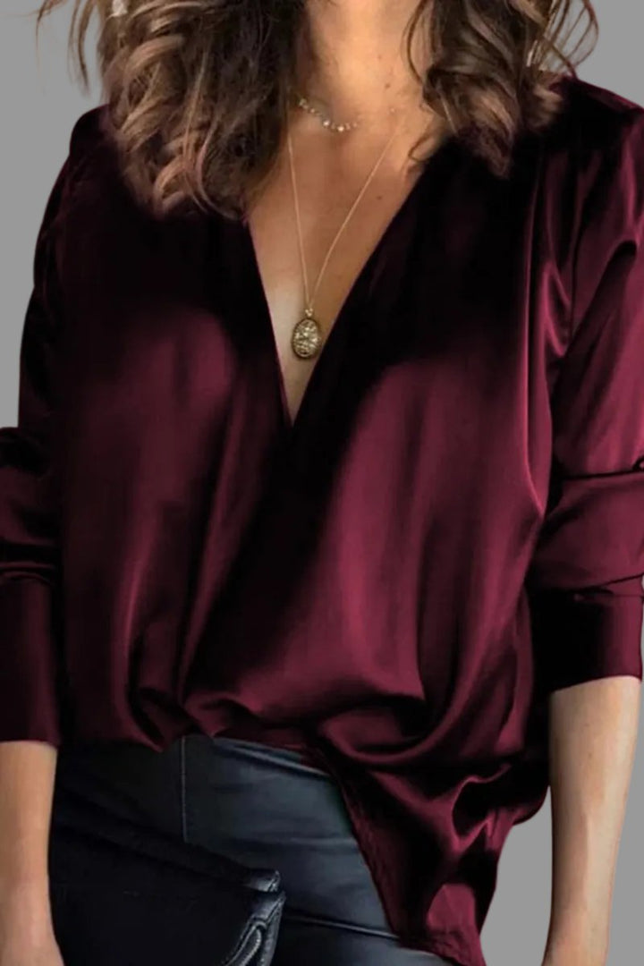 Dames Satijnen Diep V-hals Lange Mouwen Blouse - Burgundy