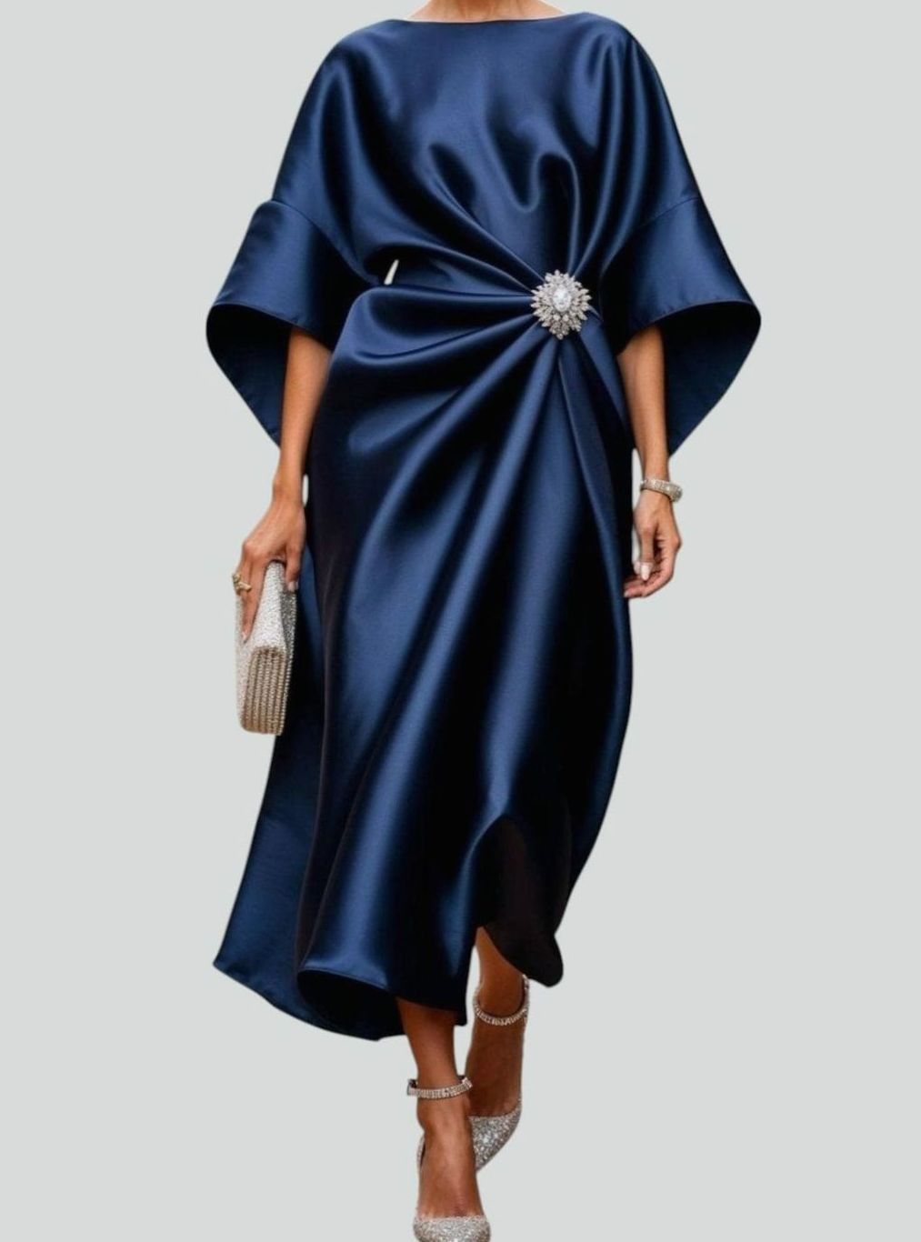 Dames Satijnen Gedrapeerde Galajurk met Vleermuismouwen - Marineblauw