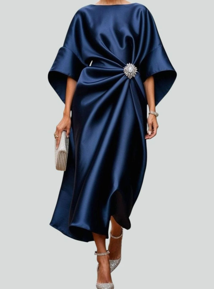 Dames Satijnen Gedrapeerde Galajurk met Vleermuismouwen - Marineblauw