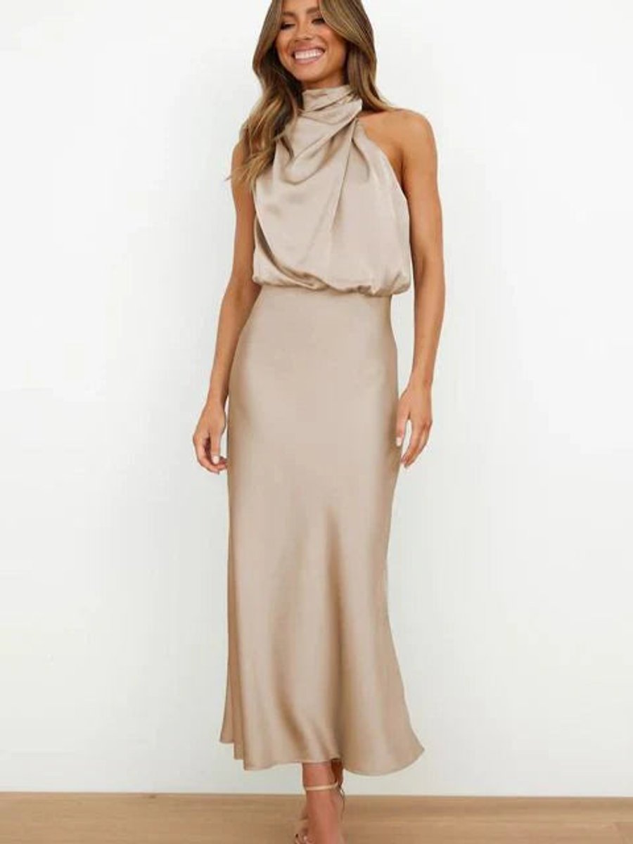 Dames Satijnen Halterneck Cocktail Party Dress Midi - Beige