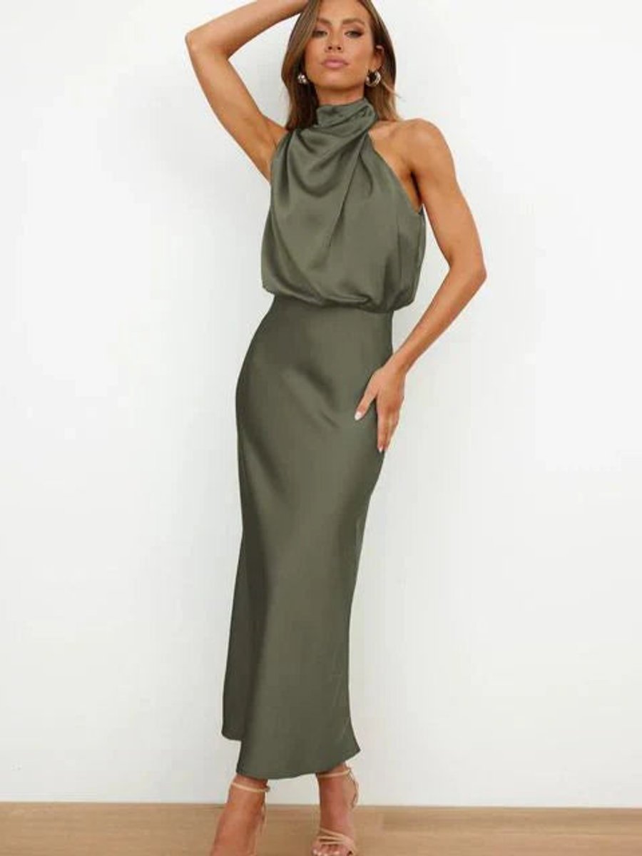 Dames Satijnen Halterneck Cocktail Party Dress Midi - Groen