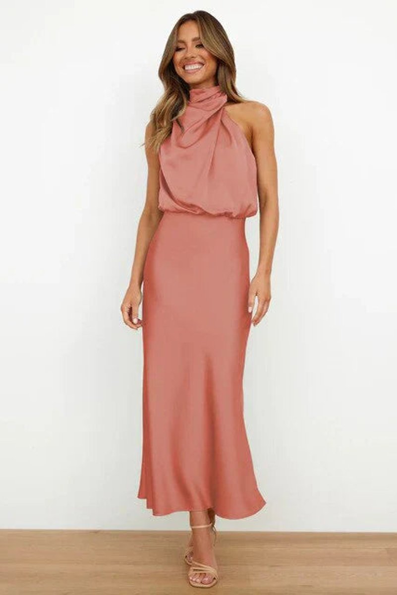 Dames Satijnen Halterneck Cocktail Party Dress Midi - Roze