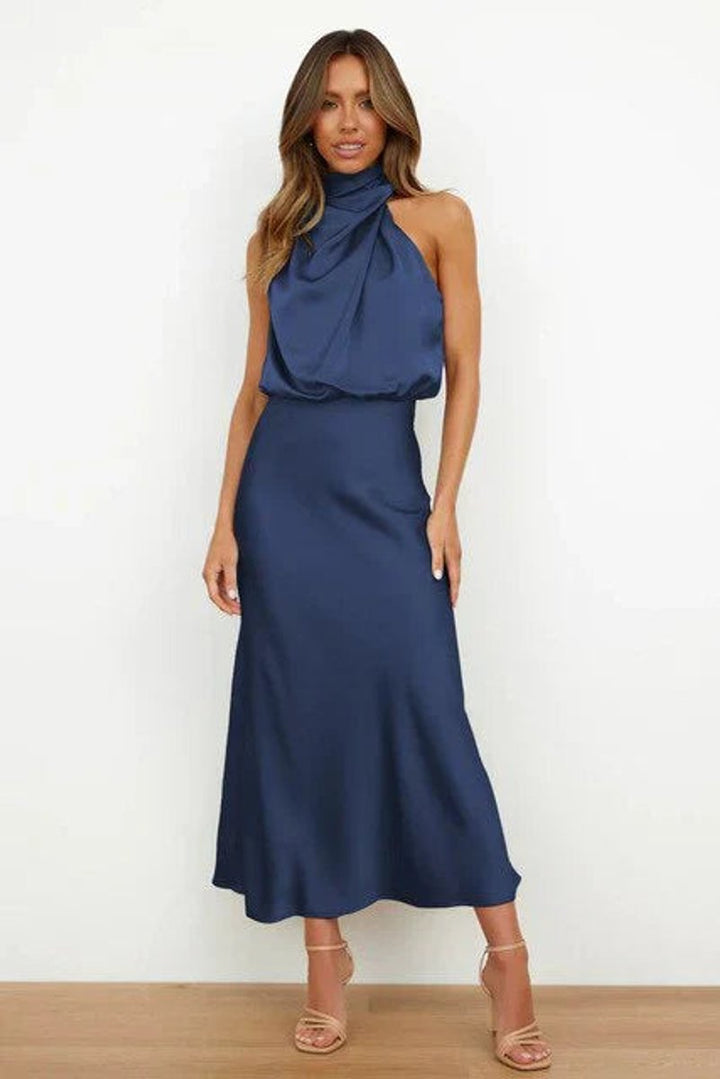 Dames Satijnen Halterneck Cocktail Party Dress Midi - Blauw