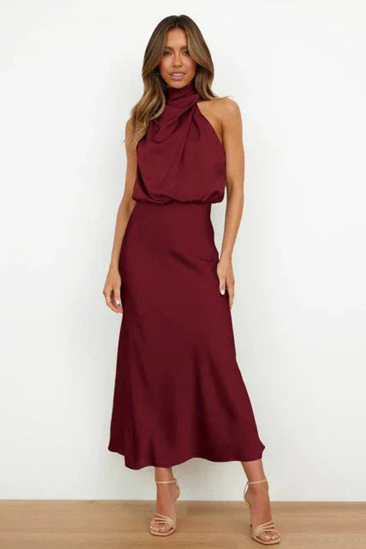 Dames Satijnen Halterneck Cocktail Party Dress Midi - Rood