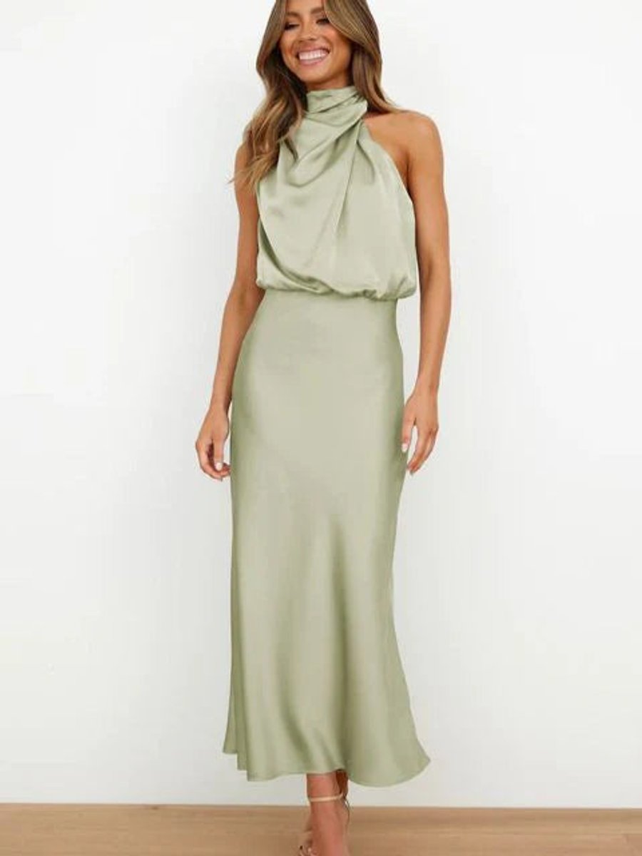 Dames Satijnen Halterneck Cocktail Party Dress Midi - Legergroen