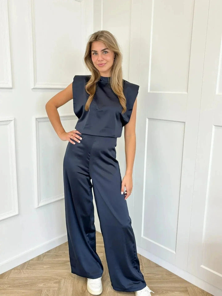 Dames Satijnen Mouwloze Wijde-Pijpen Jumpsuit - Marineblauw