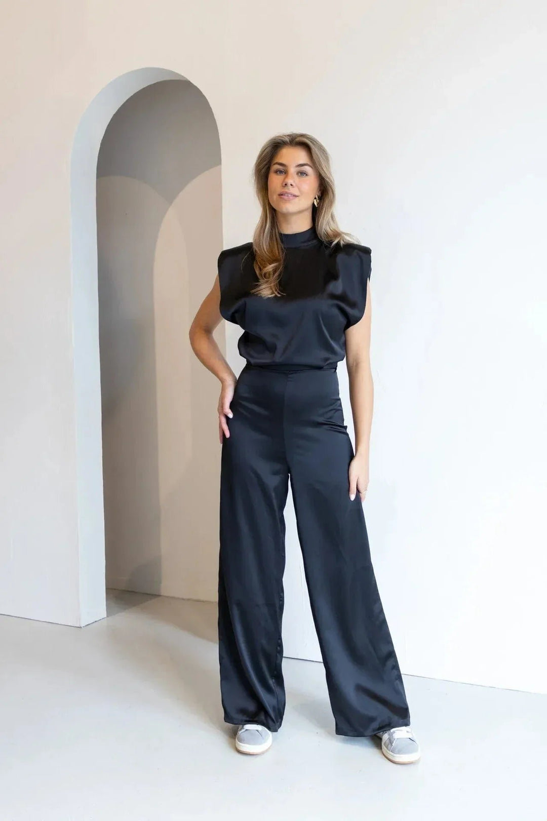 Dames Satijnen Mouwloze Wijde-Pijpen Jumpsuit