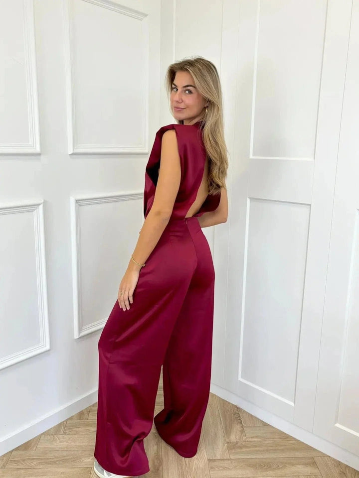 Dames Satijnen Mouwloze Wijde-Pijpen Jumpsuit - Bordeauxrood