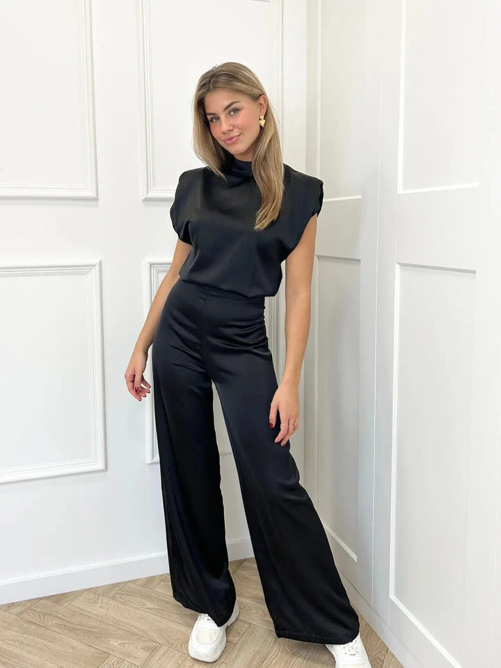 Dames Satijnen Mouwloze Wijde-Pijpen Jumpsuit - Zwart