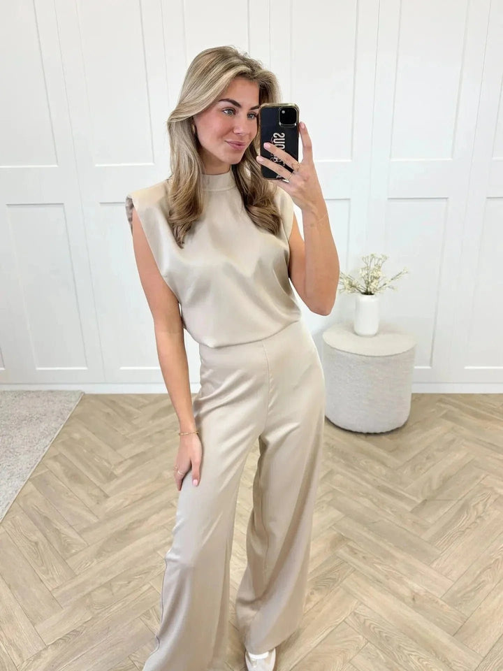 Dames Satijnen Mouwloze Wijde-Pijpen Jumpsuit