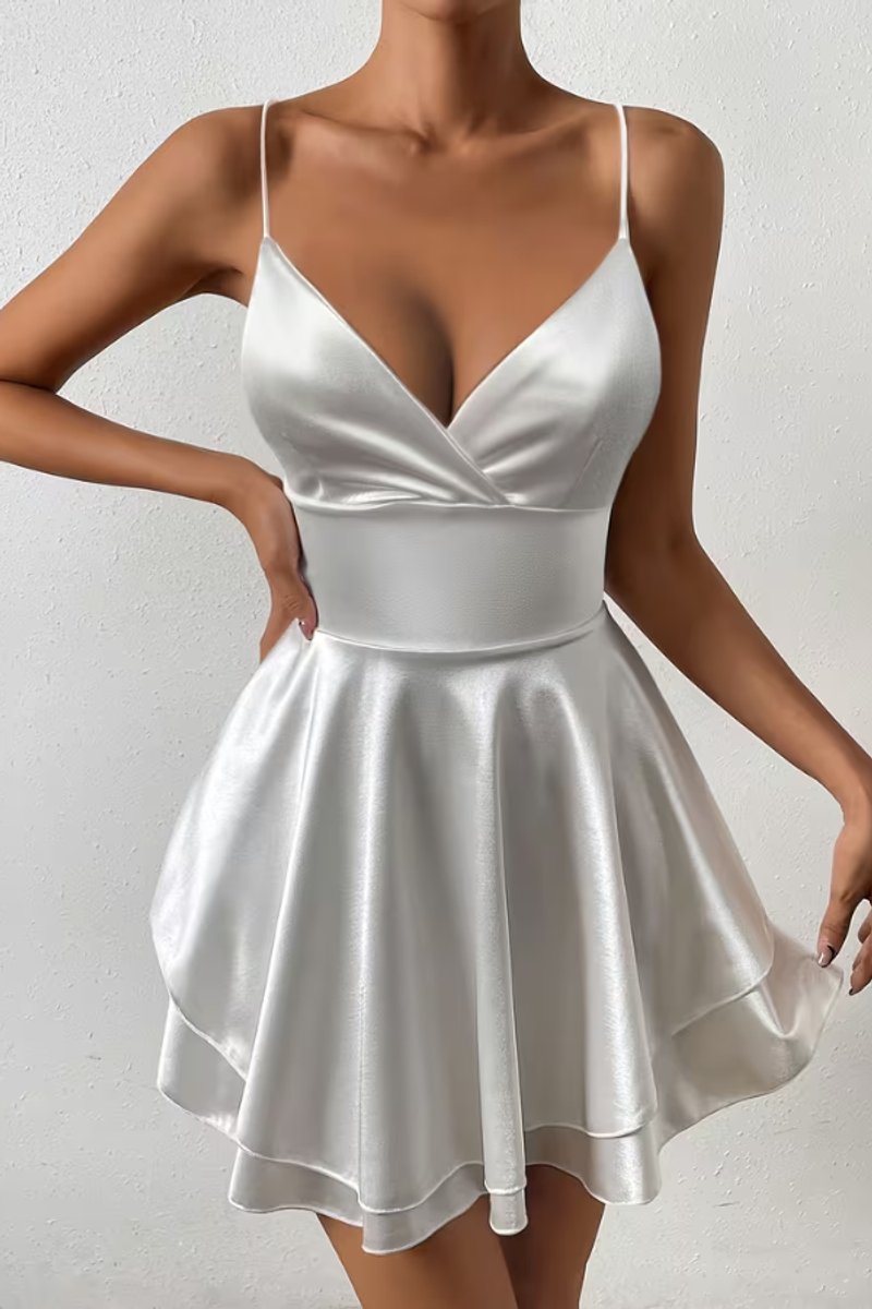 Dames Satijnen Open-Rug Mini Cocktail Dress Geplooide Rok - White