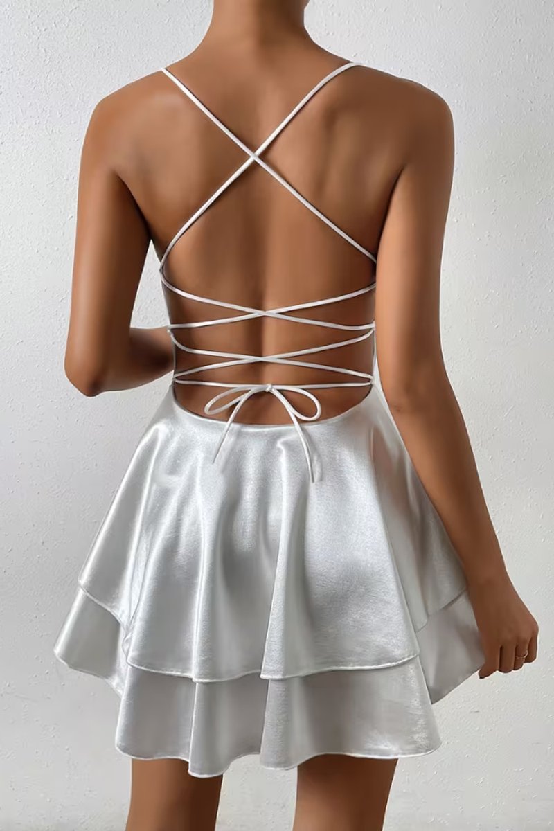 Dames Satijnen Open-Rug Mini Cocktail Dress Geplooide Rok