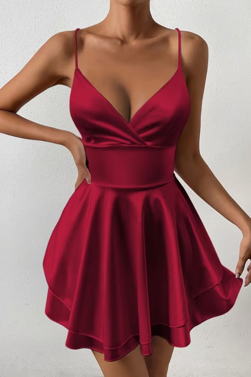 Dames Satijnen Open-Rug Mini Cocktail Dress Geplooide Rok - Burgundy Red