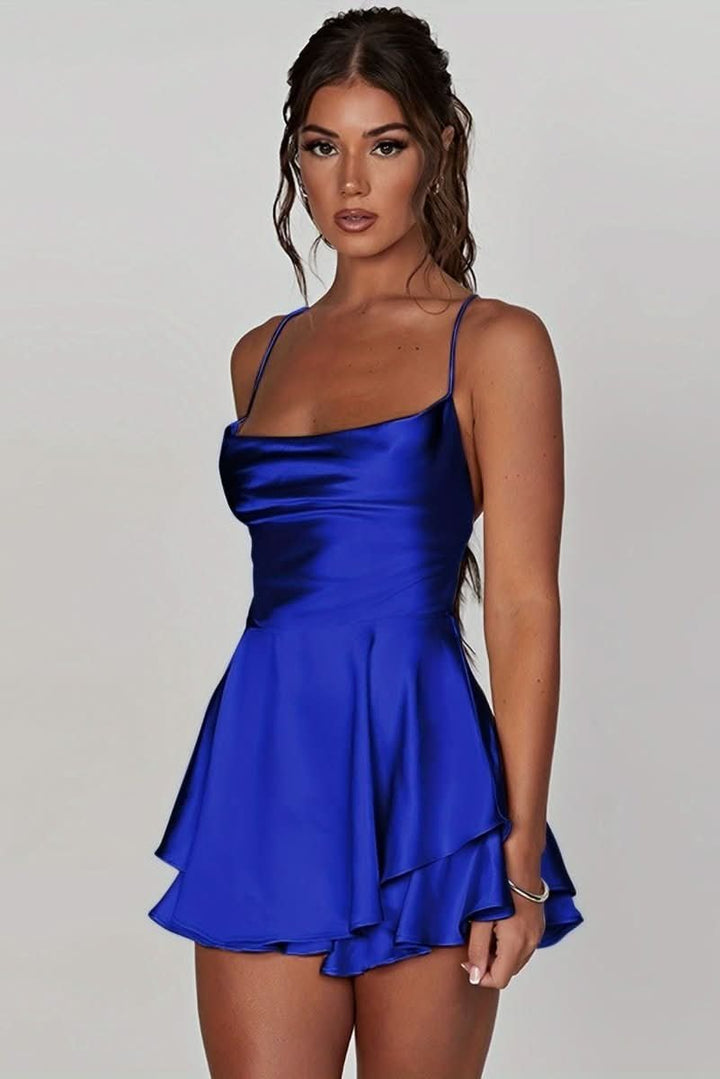 Dames Satijnen Rugrije Cocktailjurk Vierkante Hals Ruches Mini - Royal Blue
