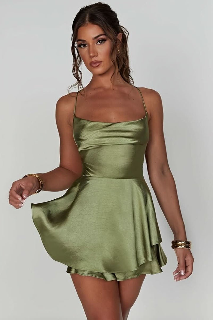 Dames Satijnen Rugrije Cocktailjurk Vierkante Hals Ruches Mini - Matcha