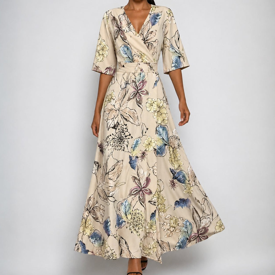 Dames Satin Bloemenprint Wikkel V-Hals Maxi Jurk - Beige