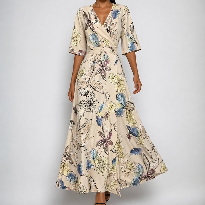 Dames Satin Bloemenprint Wikkel V-Hals Maxi Jurk - Beige