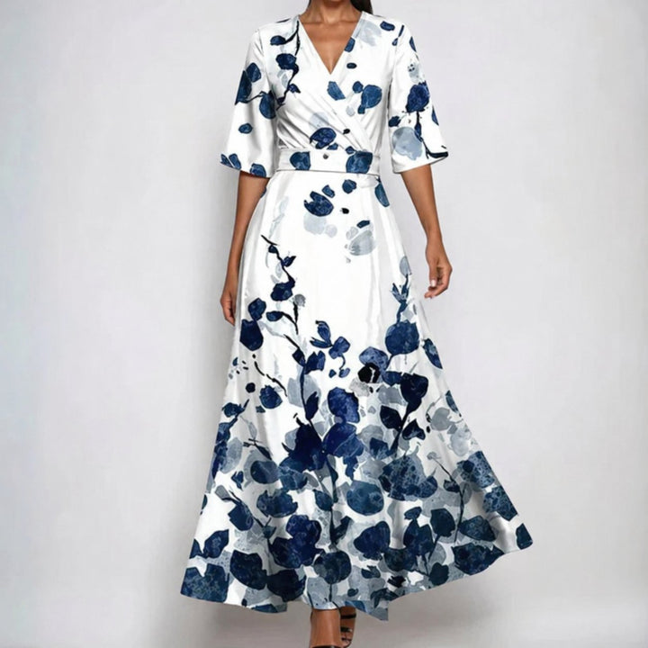 Dames Satin Bloemenprint Wikkel V-Hals Maxi Jurk - White