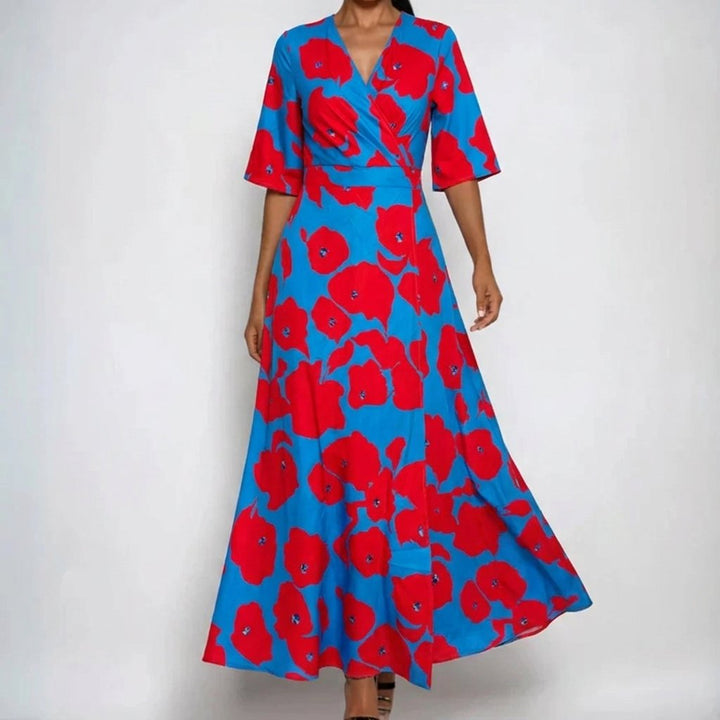 Dames Satin Bloemenprint Wikkel V-Hals Maxi Jurk - Red