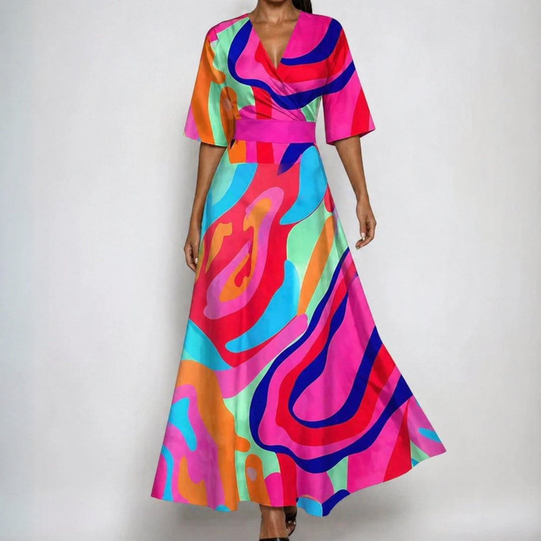 Dames Satin Bloemenprint Wikkel V-Hals Maxi Jurk - Fuschia
