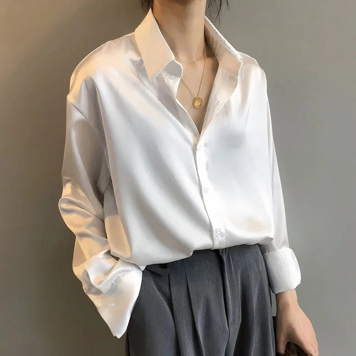 Dames Satin Button-Down Blouse Lange Mouwen Kraag - White