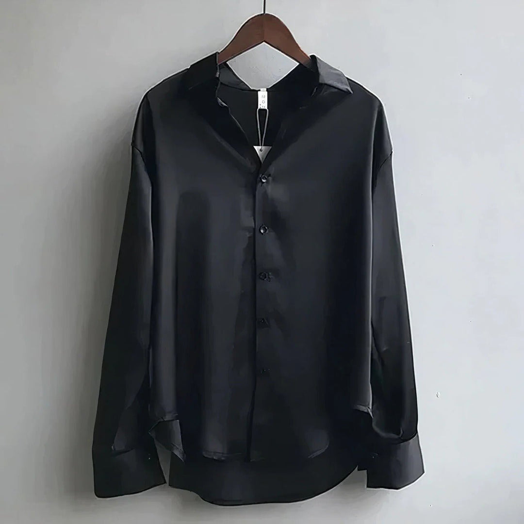 Dames Satin Button-Down Blouse Lange Mouwen Kraag - Black