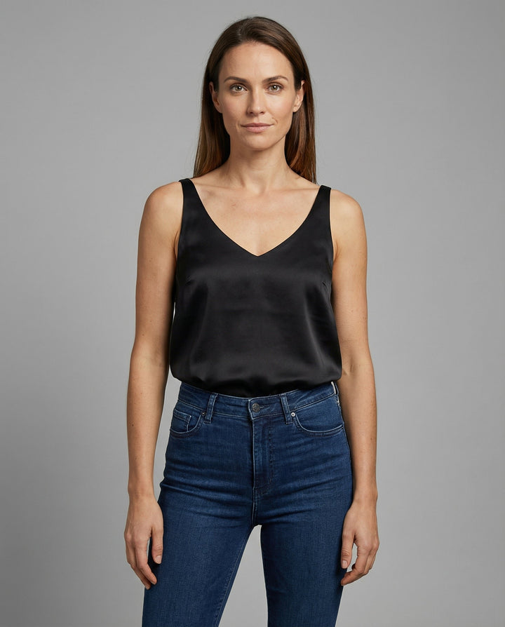 Dames Satin Camisole Top V-Hals Brede Bandjes - Black