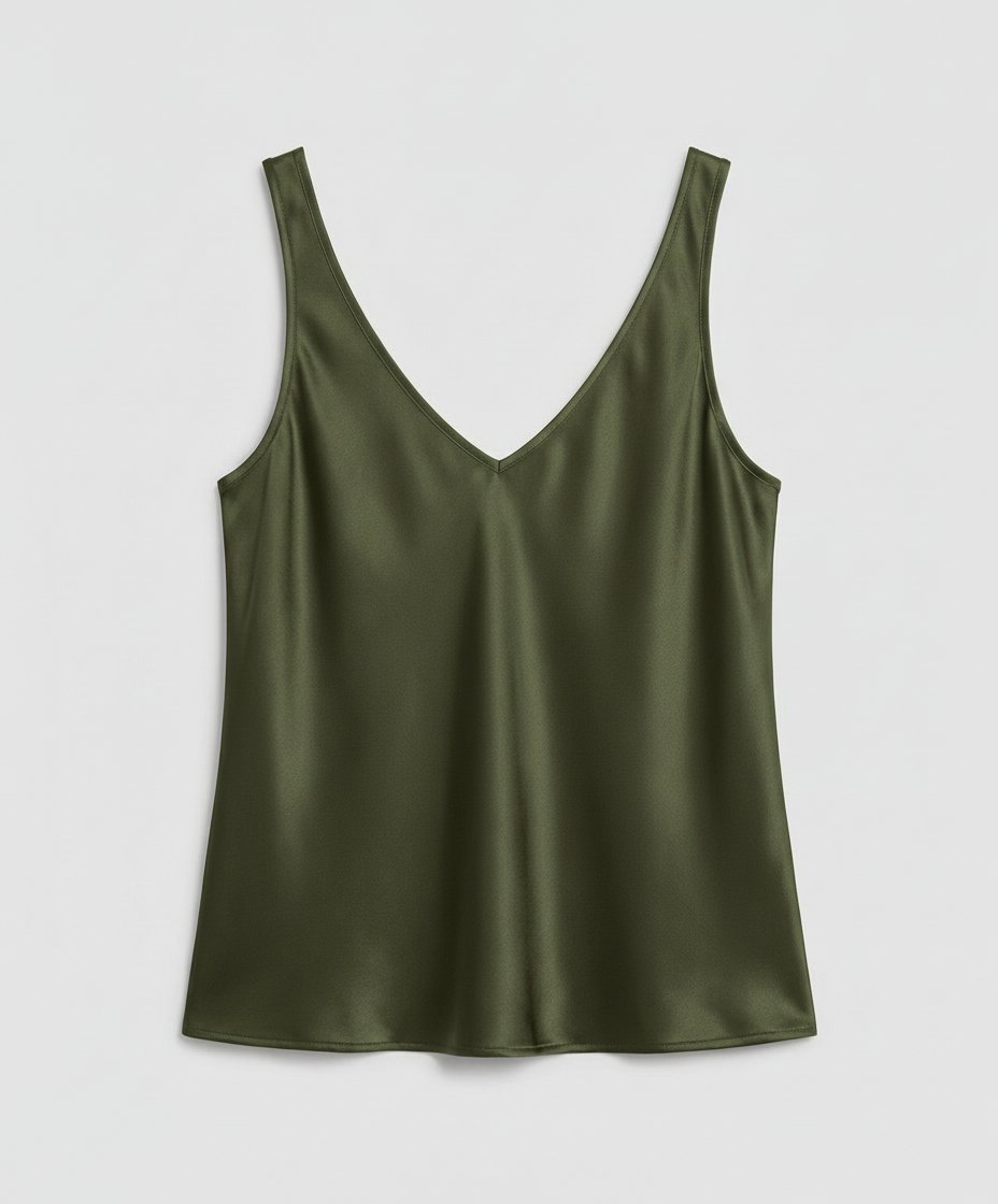 Dames Satin Camisole Top V-Hals Brede Bandjes - Army Green