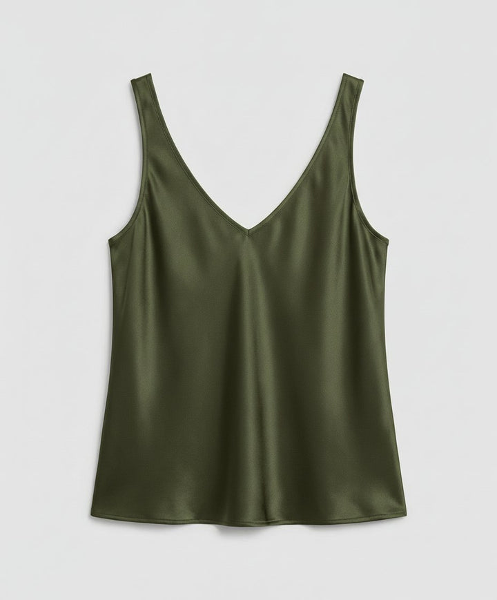 Dames Satin Camisole Top V-Hals Brede Bandjes - Army Green