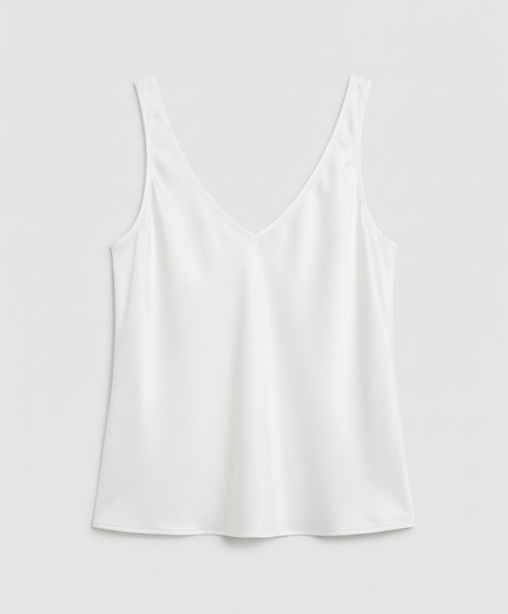 Dames Satin Camisole Top V-Hals Brede Bandjes - White